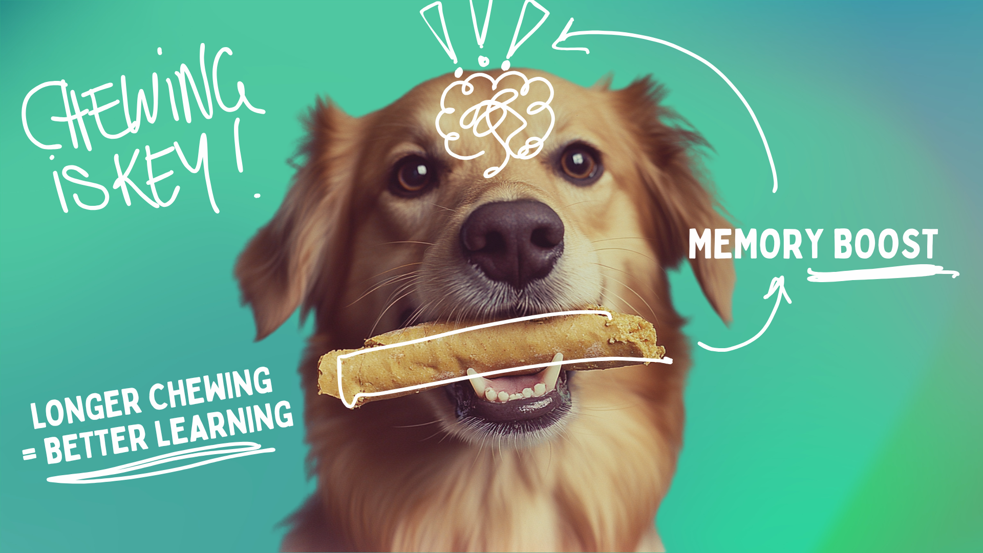 Paper-Summary-Hunde-und-Emotionen-1-Site-2 Dog chewing a toy on green background, illustrating post-training memory boost